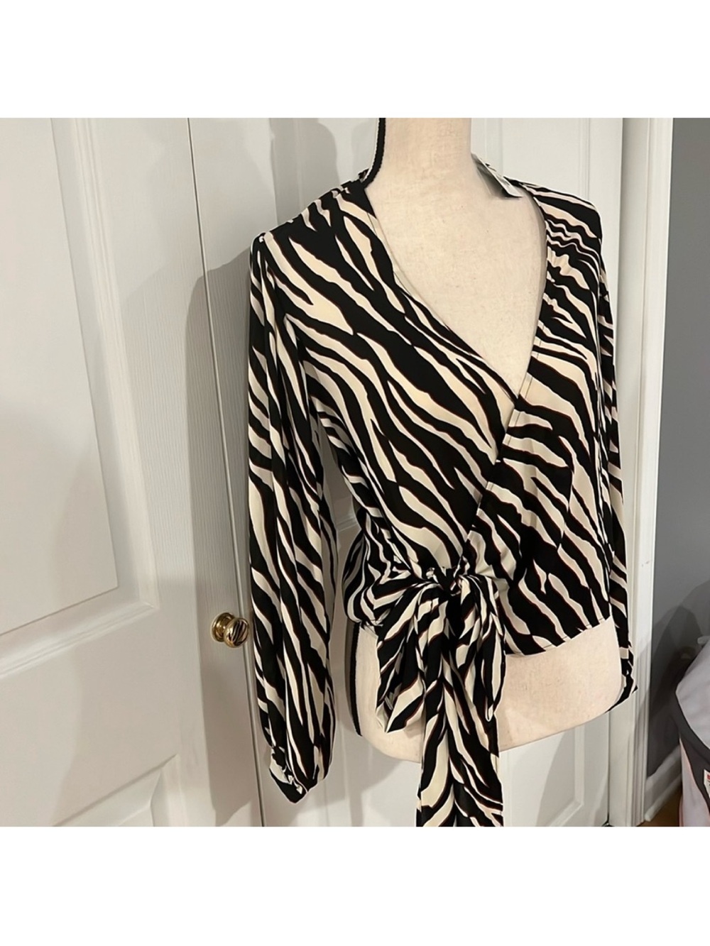 Express Zebra Wrap Blouse - Black & Cream